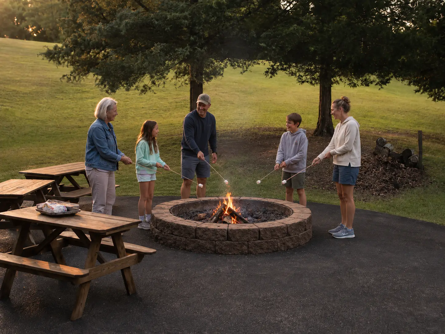 Guests enjoying the community fire pit at Woodson Bend